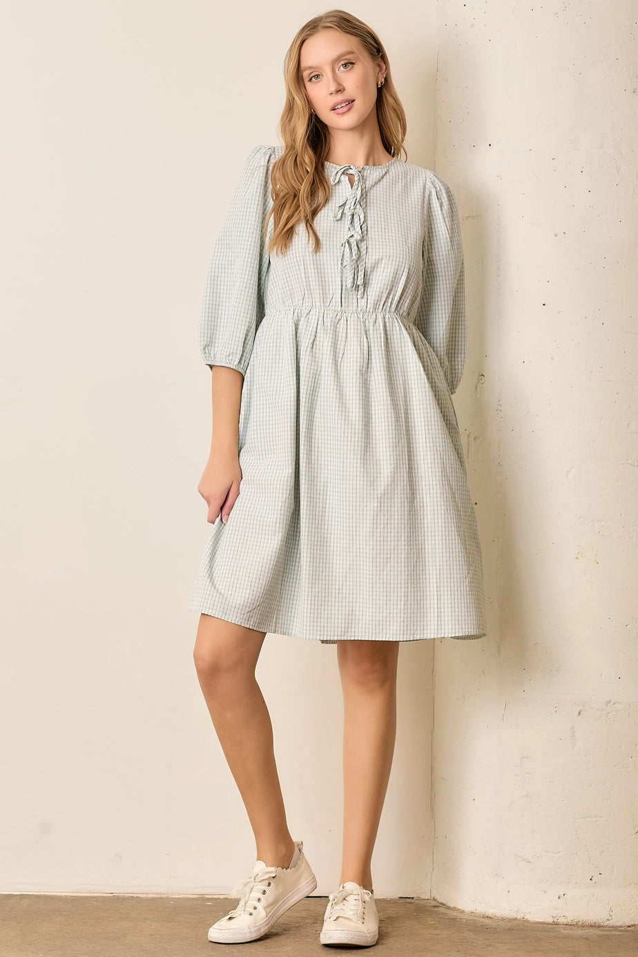 Kariertes Kleid "Allie" mit Schleifen, Creme/Blau